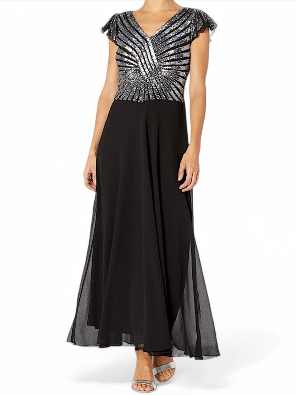 J Kara JKara Black Pull On Long Dress Mercury Gunmetal Beads Sequins NWT New 14P